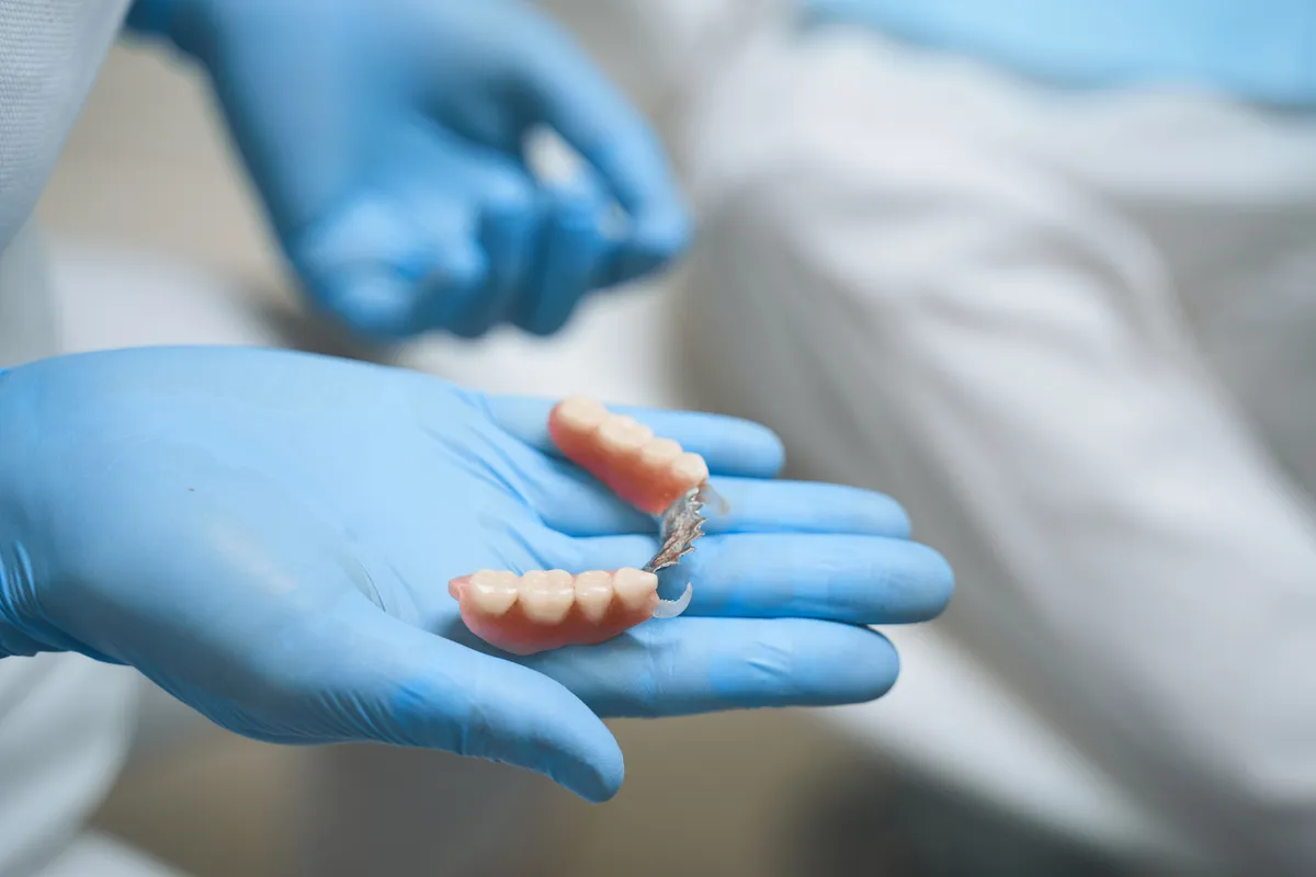 A dentist holding a partial denture in gloved hands