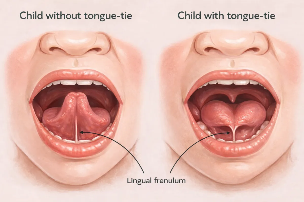 Diagram comparing a mouth without tongue-tie to a mouth with tongue-tie, with the lingual frenulum labelled