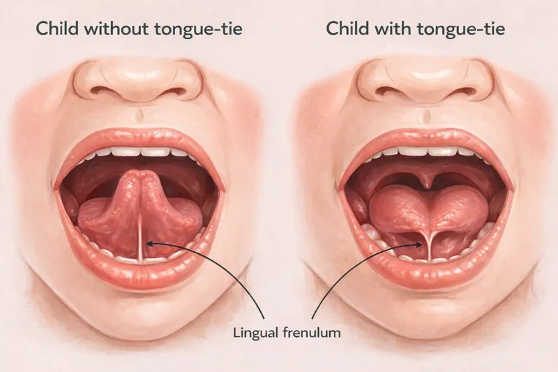 Diagram comparing a mouth without tongue-tie to a mouth with tongue-tie, with the lingual frenulum labelled