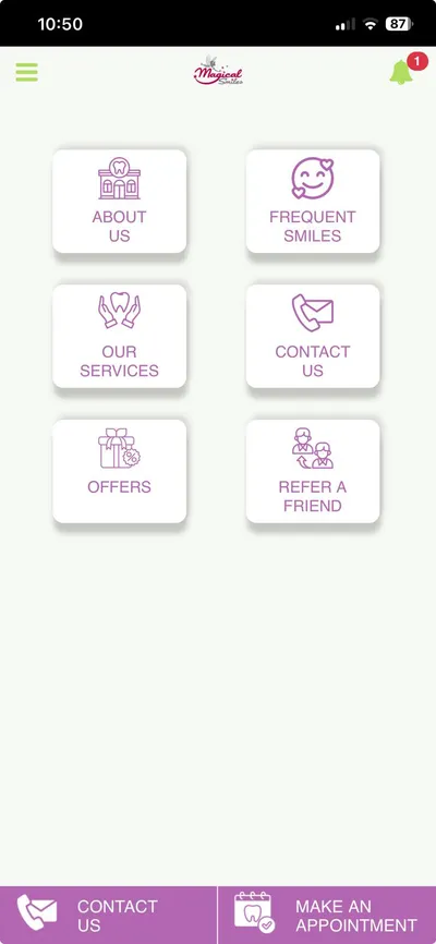 Magical Smiles app home menu with Refer a Friend and other options