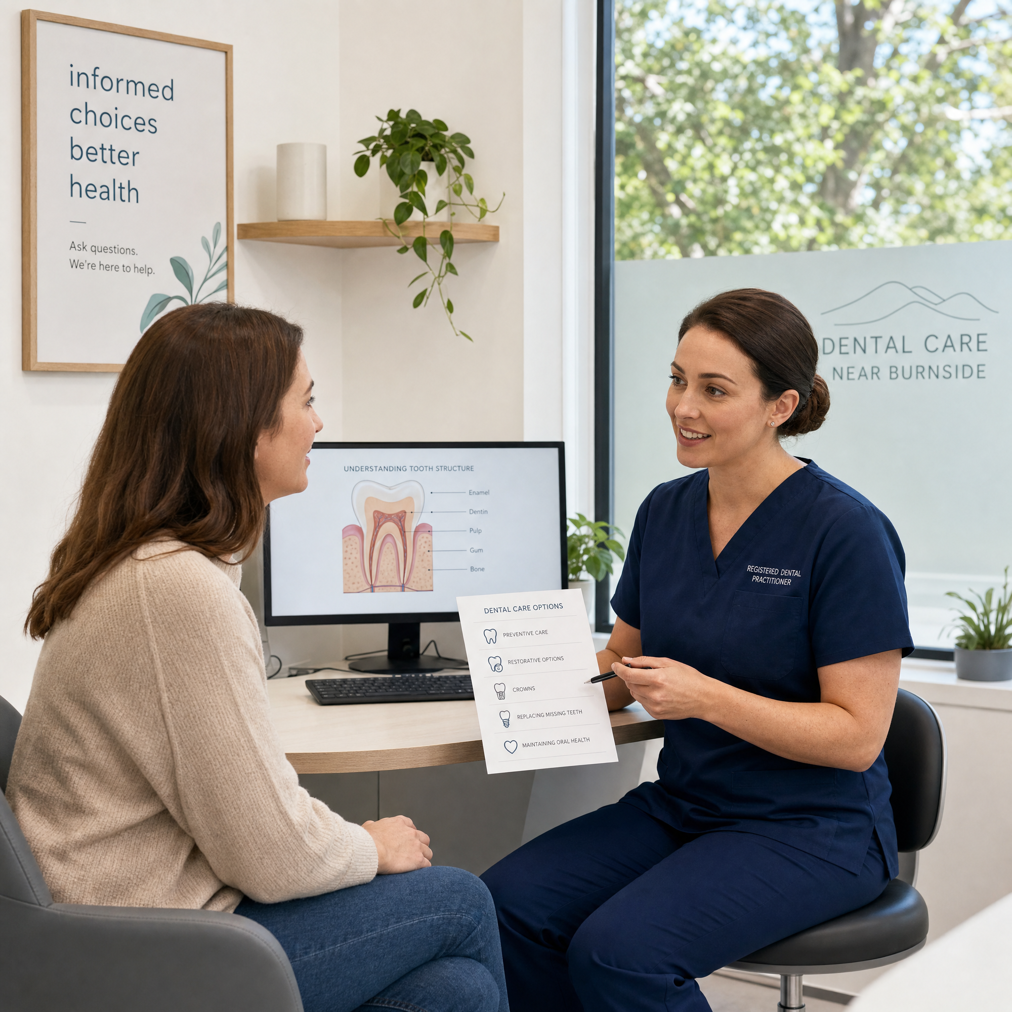 Patient discussing dental care options with a dentist near Burnside in a calm clinical consultation